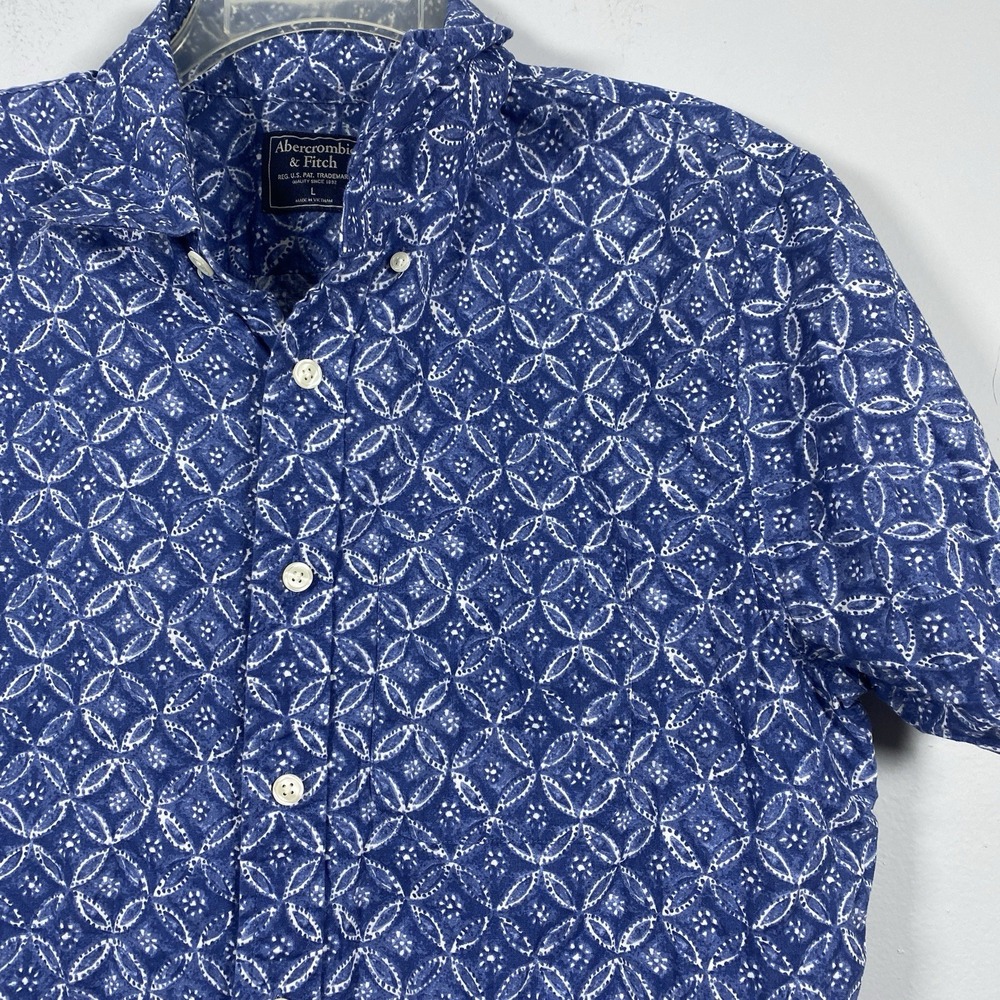 Abercrombie & Fitch‎ Button Up Blue Shirt Short Sleeve Geometric Circles Men's L